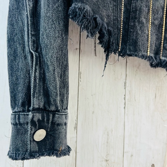 Thrill Jeans Y2K Women's Dark Gray Rhinestone Tassels Cropped Denim Jacket Large - Picture 7 of 15